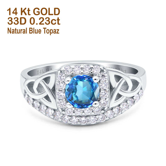 14K White Gold 0.69ct Round Art Deco 5mm G SI Natural Blue Topaz Diamond Engagement Wedding Ring Size 6.5