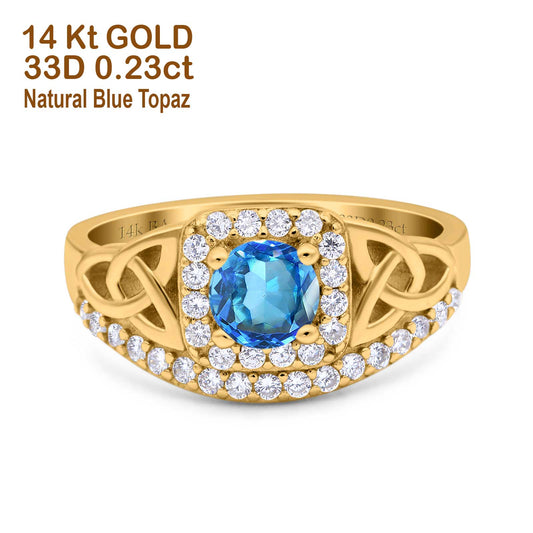 14K Yellow Gold 0.69ct Round Art Deco 5mm G SI Natural Blue Topaz Diamond Engagement Wedding Ring Size 6.5