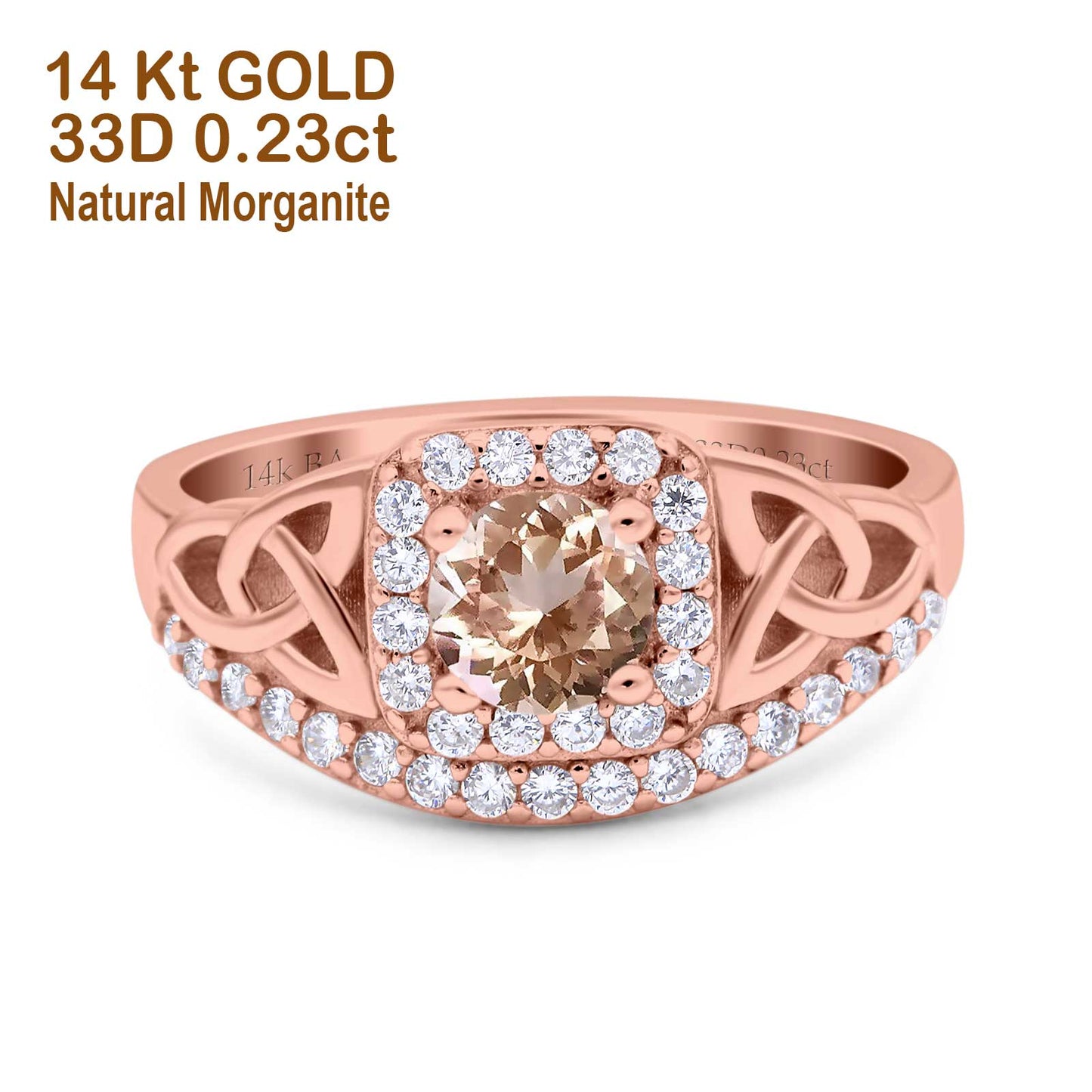 14K Rose Gold 0.69ct Round Art Deco 5mm G SI Natural Morganite Diamond Engagement Wedding Ring Size 6.5