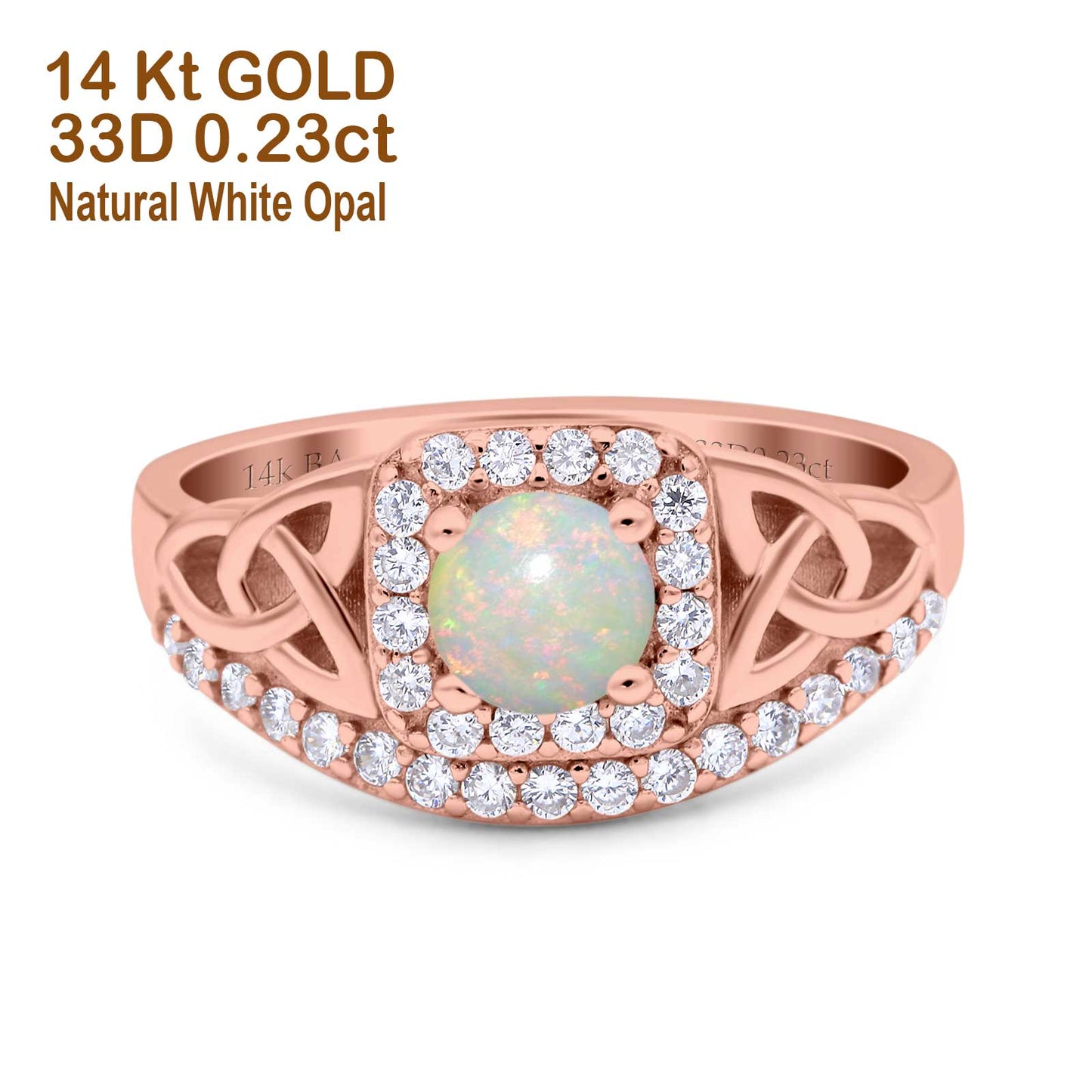 14K Rose Gold 0.23ct Round Art Deco 5mm G SI Natural White Opal Diamond Engagement Wedding Ring Size 6.5