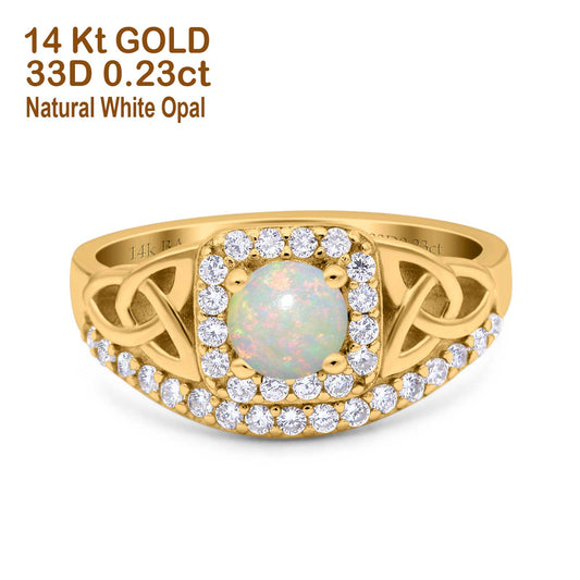 14K Yellow Gold 0.23ct Round Art Deco 5mm G SI Natural White Opal Diamond Engagement Wedding Ring Size 6.5