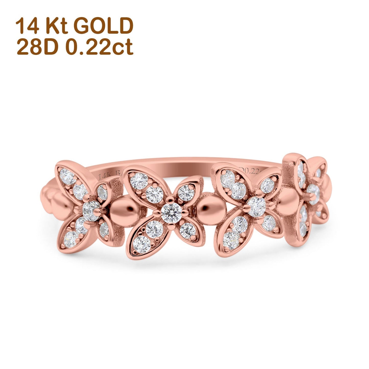 14K Rose Gold 0.22ct Round 7mm G SI Half Eternity Flower Ring Diamond Bands Engagement Wedding Ring