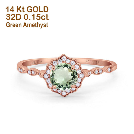 14K Rose Gold 0.99ct Round Petite Dainty 6mm G SI Natural Green Amethyst Diamond Engagement Wedding Ring Size 6.5