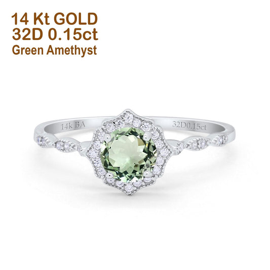 14K White Gold 0.99ct Round Petite Dainty 6mm G SI Natural Green Amethyst Diamond Engagement Wedding Ring Size 6.5