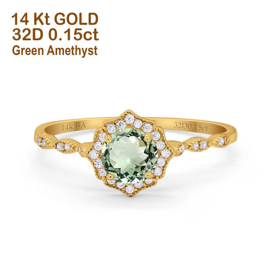 14K Yellow Gold 0.99ct Round Petite Dainty 6mm G SI Natural Green Amethyst Diamond Engagement Wedding Ring Size 6.5