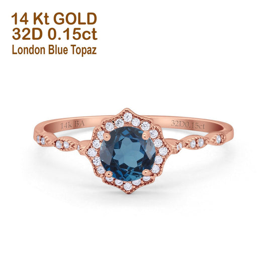 14K Rose Gold 0.99ct Round Petite Dainty 6mm G SI London Blue Topaz Diamond Engagement Wedding Ring Size 6.5