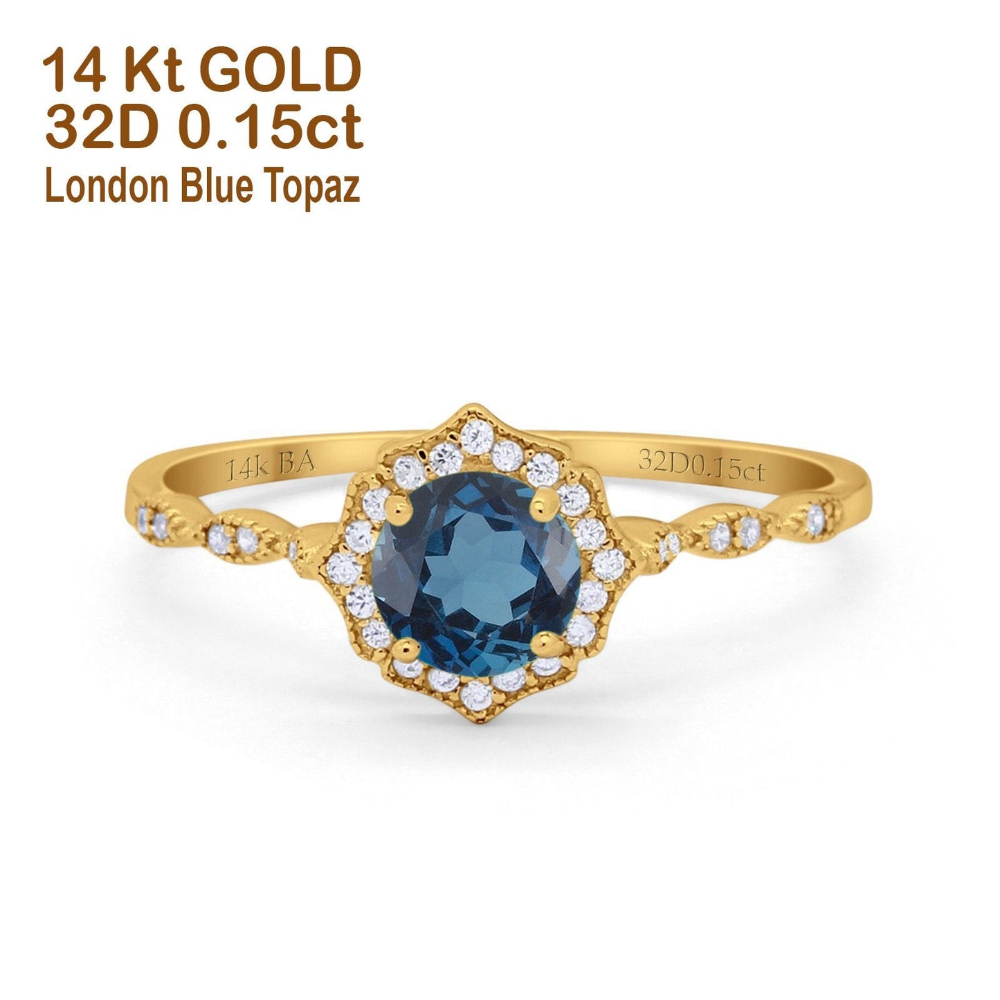 14K Yellow Gold 0.99ct Round Petite Dainty 6mm G SI London Blue Topaz Diamond Engagement Wedding Ring Size 6.5