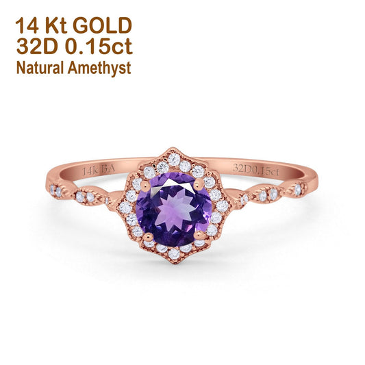 14K Rose Gold 0.99ct Round Petite Dainty 6mm G SI Natural Amethyst Diamond Engagement Wedding Ring Size 6.5