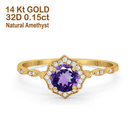 14K Yellow Gold 0.99ct Round Petite Dainty 6mm G SI Natural Amethyst Diamond Engagement Wedding Ring Size 6.5