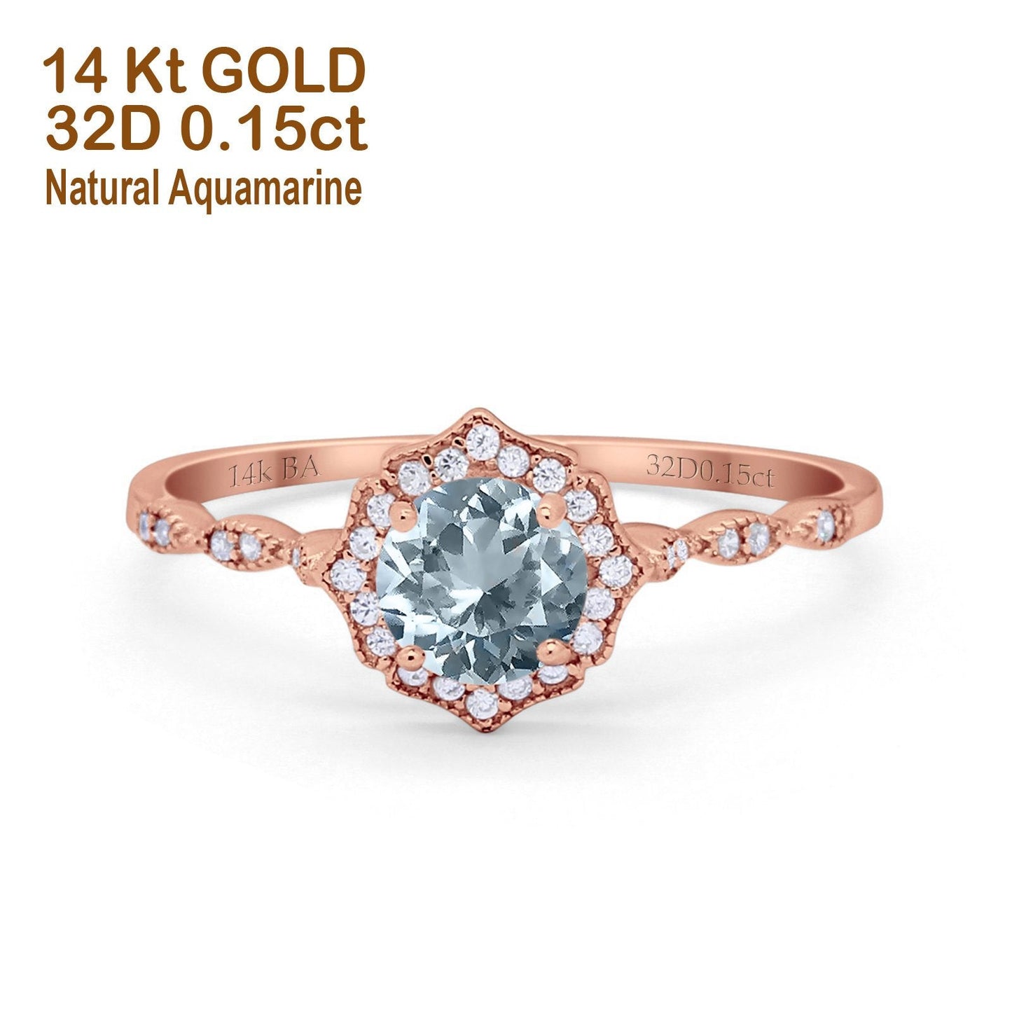 14K Rose Gold 0.99ct Round Petite Dainty 6mm G SI Natural Aquamarine Diamond Engagement Wedding Ring Size 6.5