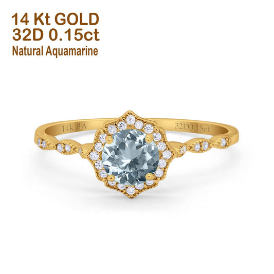 14K Yellow Gold 0.99ct Round Petite Dainty 6mm G SI Natural Aquamarine Diamond Engagement Wedding Ring Size 6.5