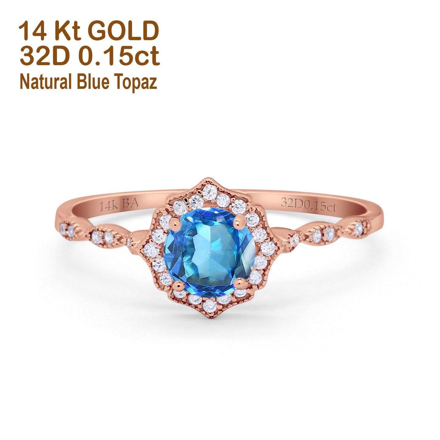 14K Rose Gold 0.99ct Round Petite Dainty 6mm G SI Natural Blue Topaz Diamond Engagement Wedding Ring Size 6.5