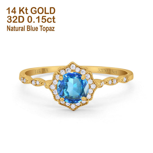 14K Yellow Gold 0.99ct Round Petite Dainty 6mm G SI Natural Blue Topaz Diamond Engagement Wedding Ring Size 6.5