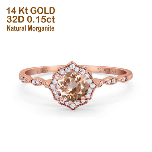 14K Rose Gold 0.99ct Round Petite Dainty 6mm G SI Natural Morganite Diamond Engagement Wedding Ring Size 6.5