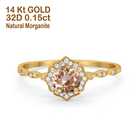 14K Yellow Gold 0.99ct Round Petite Dainty 6mm G SI Natural Morganite Diamond Engagement Wedding Ring Size 6.5