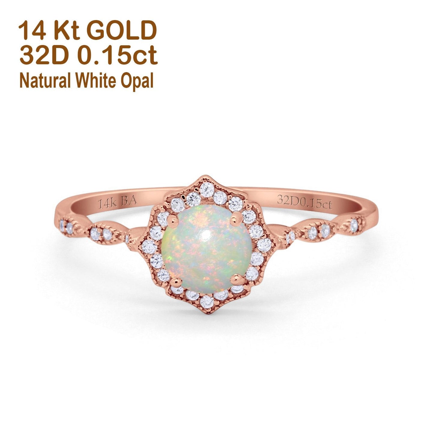 14K Rose Gold 0.15ct Round Petite Dainty 6mm G SI Natural White Opal Diamond Engagement Wedding Ring Size 6.5