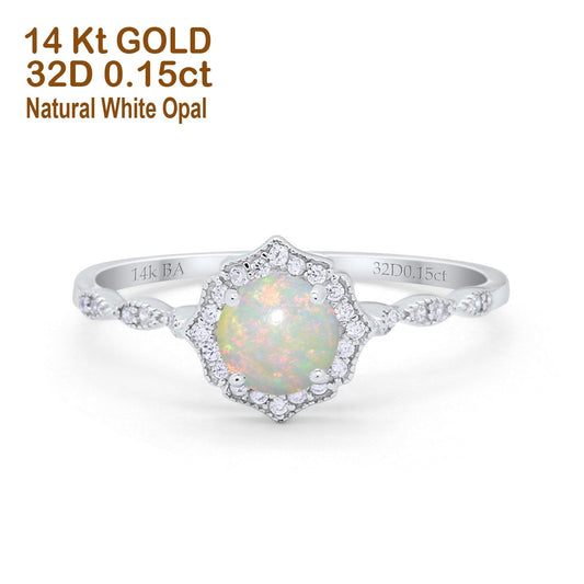 14K White Gold 0.15ct Round Petite Dainty 6mm G SI Natural White Opal Diamond Engagement Wedding Ring Size 6.5