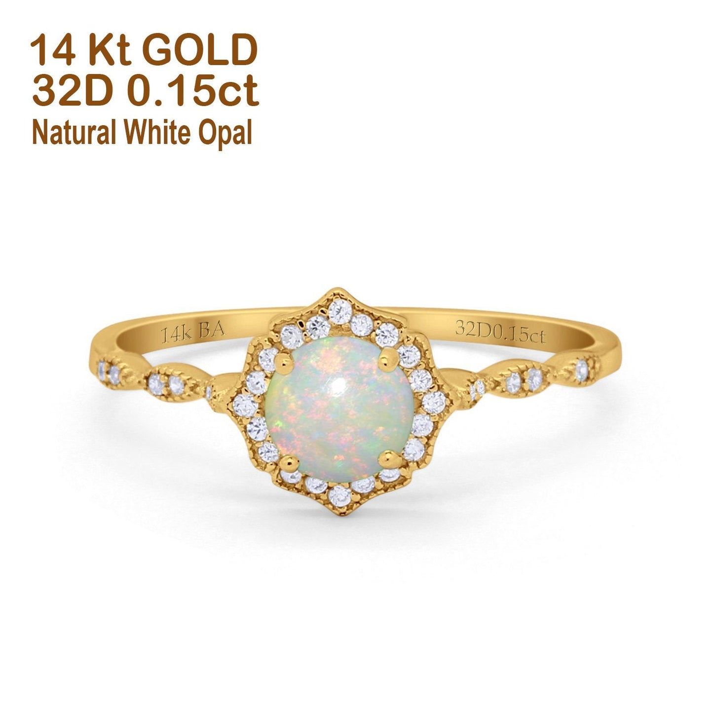 14K Yellow Gold 0.15ct Round Petite Dainty 6mm G SI Natural White Opal Diamond Engagement Wedding Ring Size 6.5