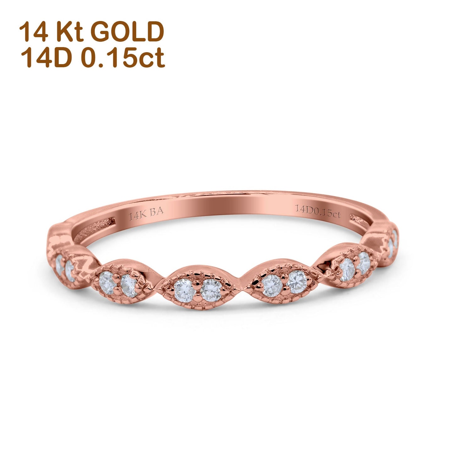 14K Rose Gold 0.15ct Round 2mm G SI Half Eternity Art Deco Band Diamond Engagement Wedding Ring