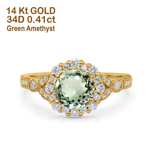 14K Yellow Gold 1.25ct Floral Art Deco Round 6mm G SI Natural Green Amethyst Diamond Engagement Wedding Ring Size 6.5