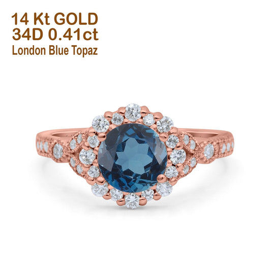 14K Rose Gold 1.25ct Floral Art Deco Round 6mm G SI London Blue Topaz Diamond Engagement Wedding Ring Size 6.5