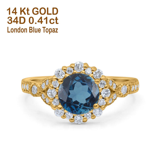 14K Yellow Gold 1.25ct Floral Art Deco Round 6mm G SI London Blue Topaz Diamond Engagement Wedding Ring Size 6.5