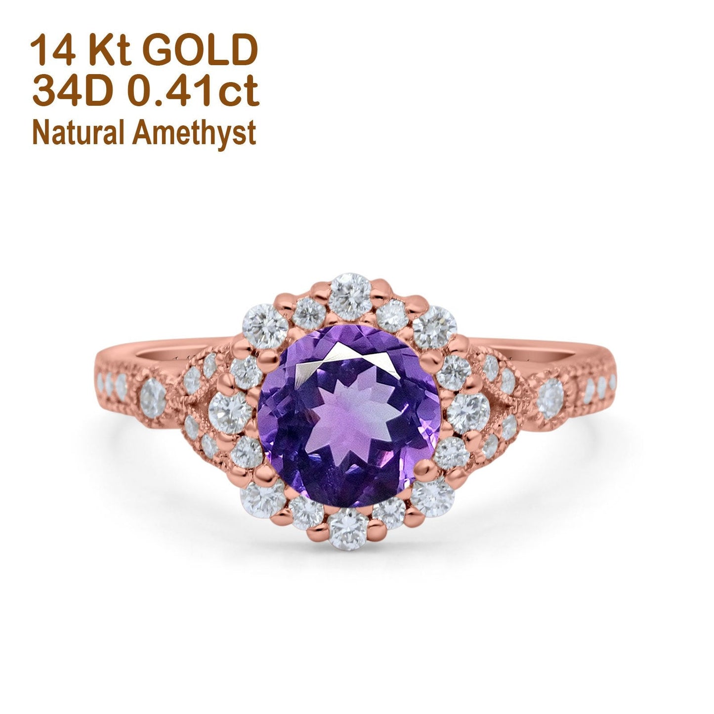 14K Rose Gold 1.25ct Floral Art Deco Round 6mm G SI Natural Amethyst Diamond Engagement Wedding Ring Size 6.5