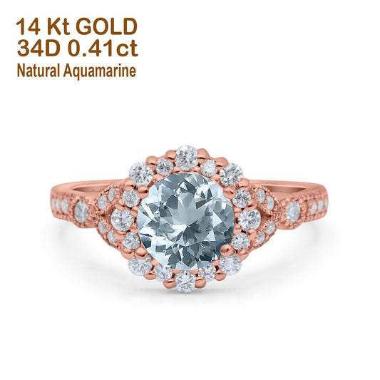 14K Rose Gold 1.25ct Floral Art Deco Round 6mm G SI Natural Aquamarine Diamond Engagement Wedding Ring Size 6.5