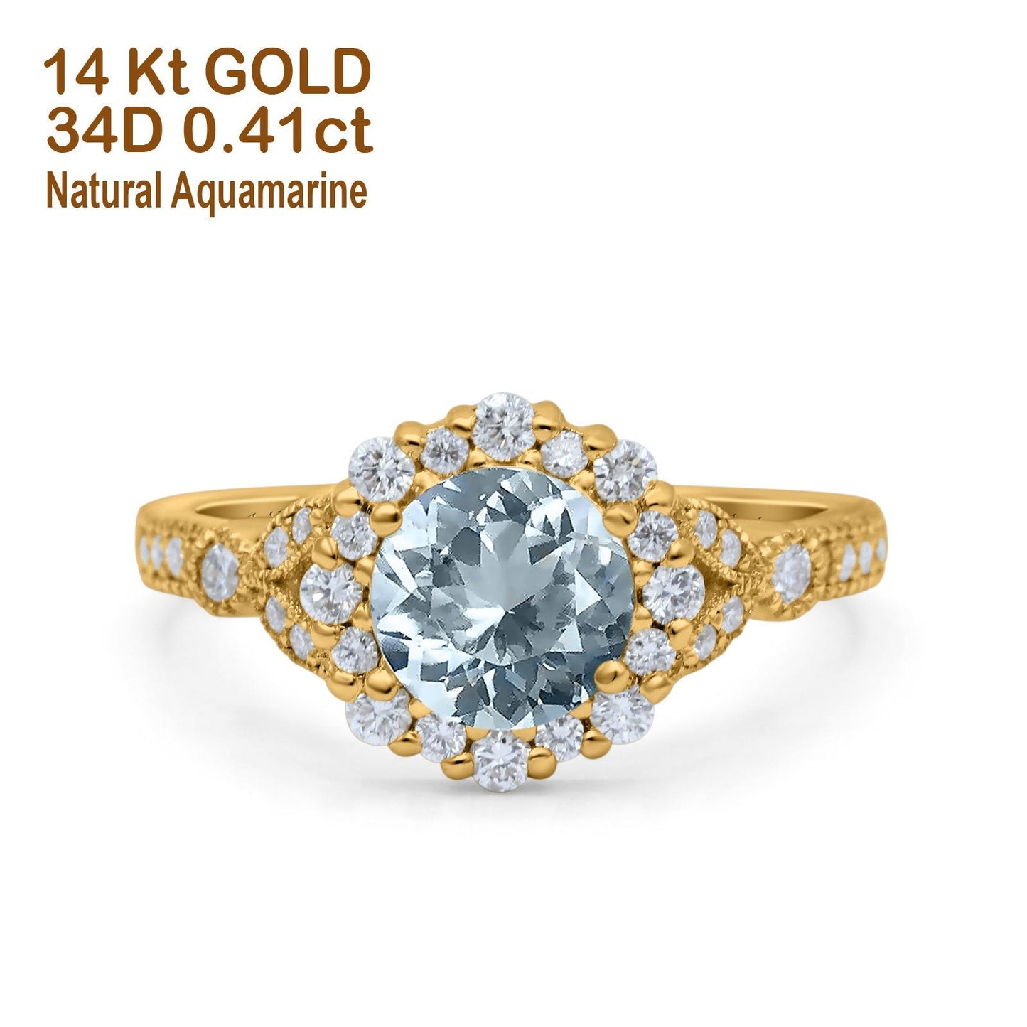 14K Yellow Gold 1.25ct Floral Art Deco Round 6mm G SI Natural Aquamarine Diamond Engagement Wedding Ring Size 6.5