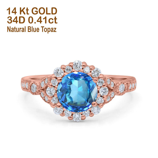 14K Rose Gold 1.25ct Floral Art Deco Round 6mm G SI Natural Blue Topaz Diamond Engagement Wedding Ring Size 6.5