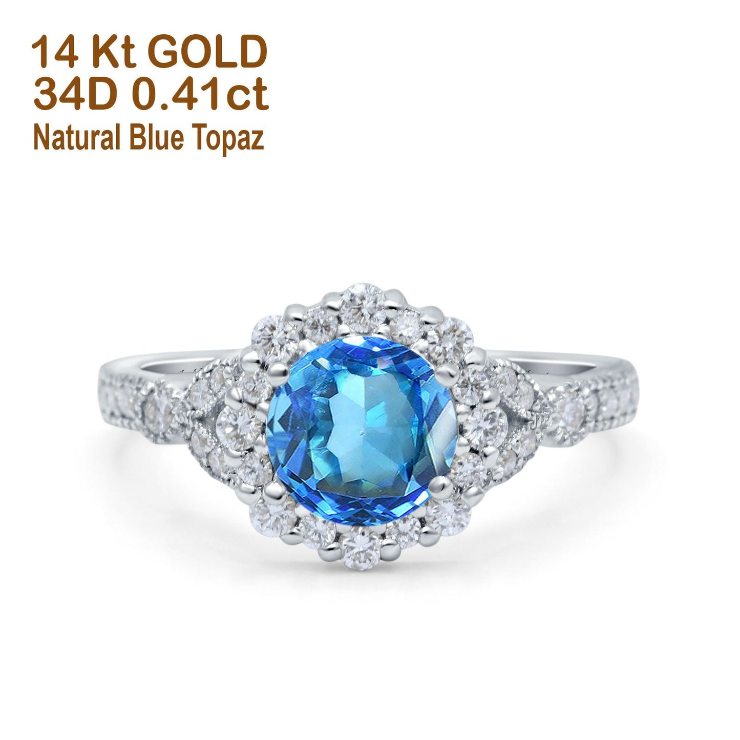 14K White Gold 1.25ct Floral Art Deco Round 6mm G SI Natural Blue Topaz Diamond Engagement Wedding Ring Size 6.5