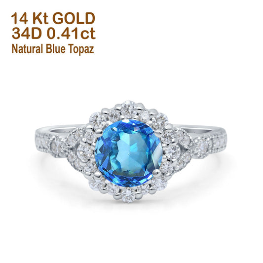 14K White Gold 1.25ct Floral Art Deco Round 6mm G SI Natural Blue Topaz Diamond Engagement Wedding Ring Size 6.5