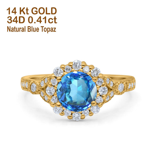 14K Yellow Gold 1.25ct Floral Art Deco Round 6mm G SI Natural Blue Topaz Diamond Engagement Wedding Ring Size 6.5