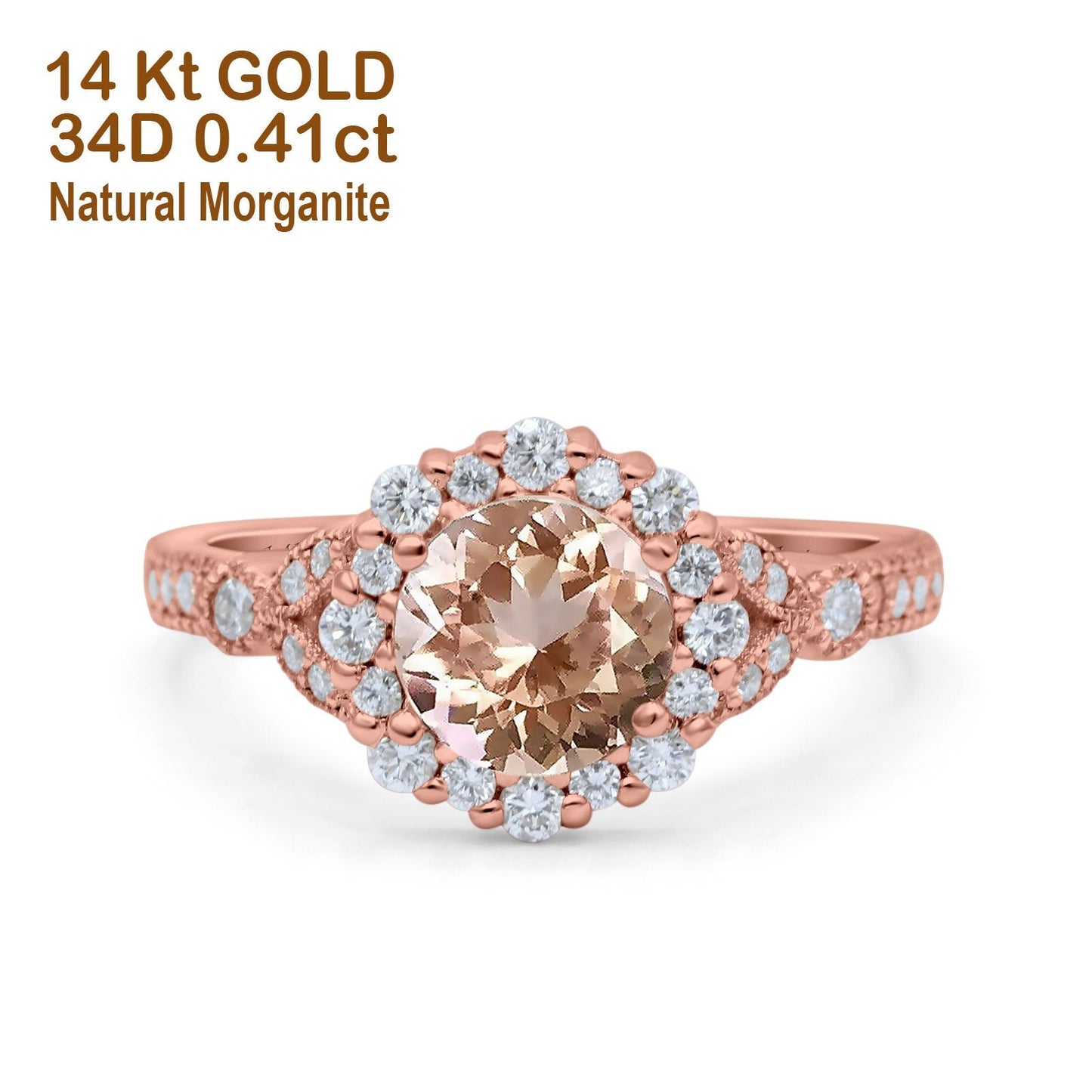 Bague de fiançailles en or rose 14 carats 1,25 ct Art déco floral rond 6 mm G SI avec diamant morganite naturel taille 6,5