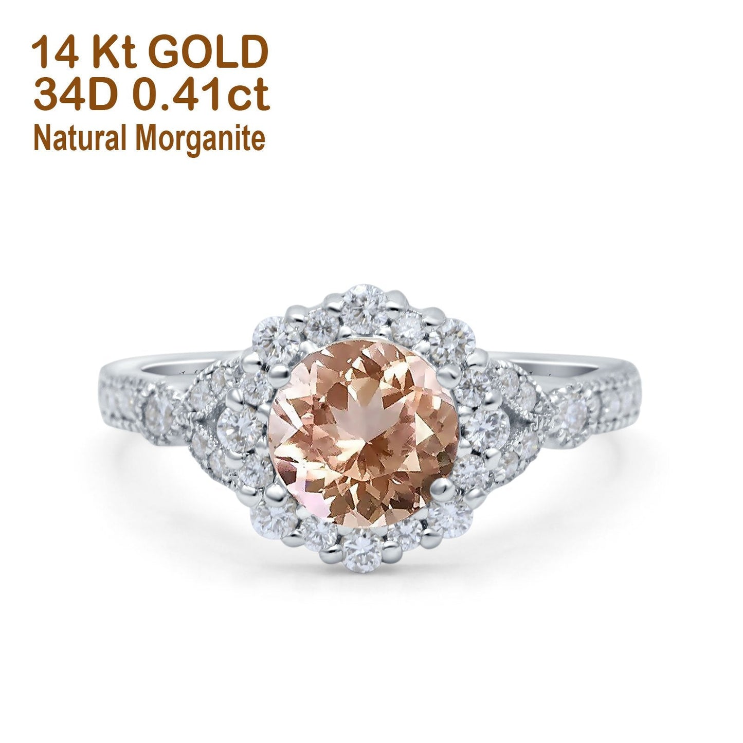 14K White Gold 1.25ct Floral Art Deco Round 6mm G SI Natural Morganite Diamond Engagement Wedding Ring Size 6.5