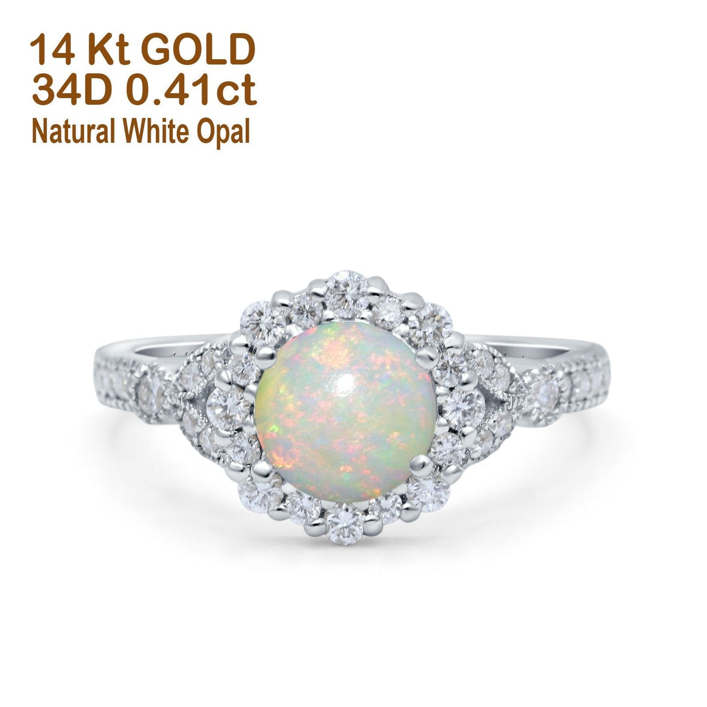 14K White Gold 0.41ct Floral Art Deco Round 6mm G SI Natural White Opal Diamond Engagement Wedding Ring Size 6.5