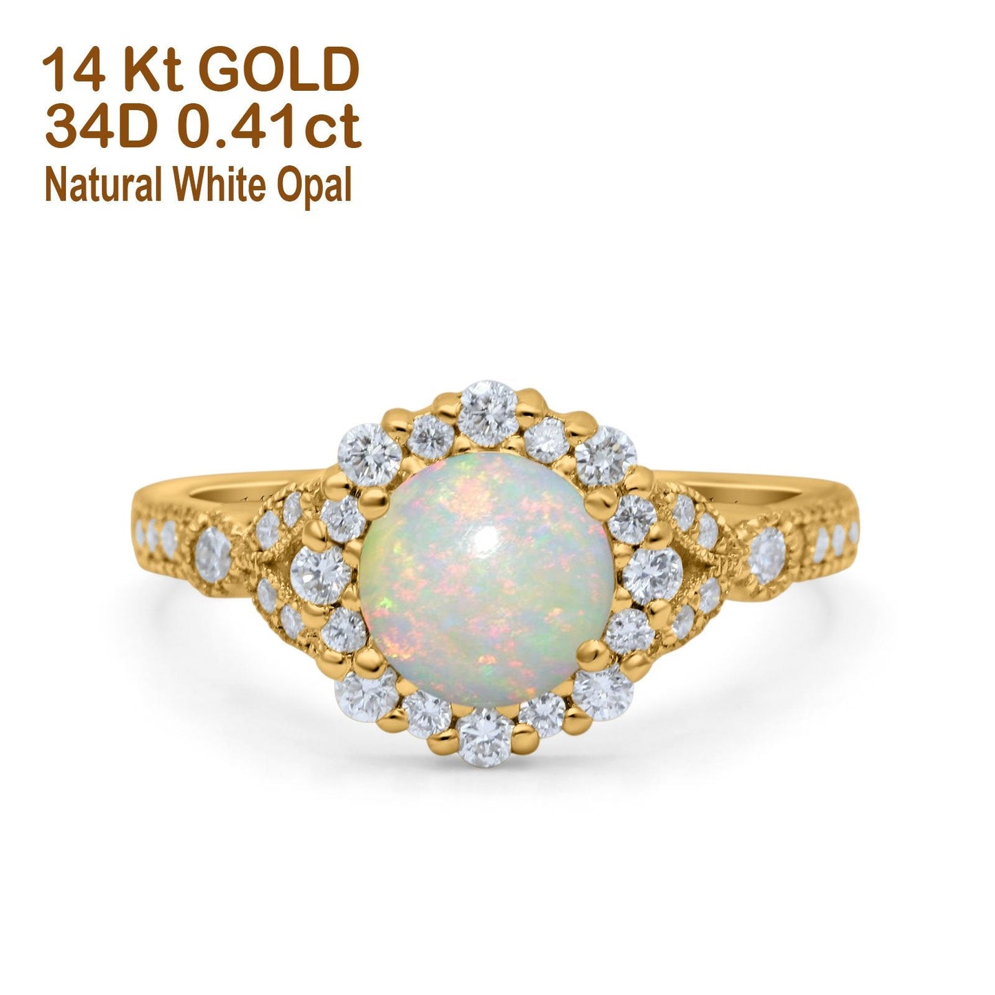 14K Yellow Gold 0.41ct Floral Art Deco Round 6mm G SI Natural White Opal Diamond Engagement Wedding Ring Size 6.5