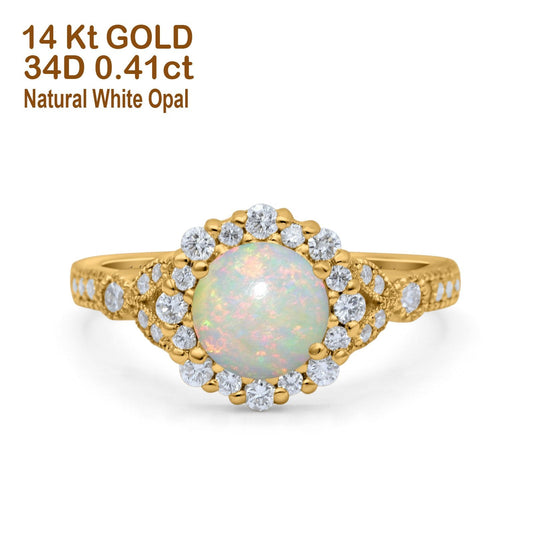 14K Yellow Gold 0.41ct Floral Art Deco Round 6mm G SI Natural White Opal Diamond Engagement Wedding Ring Size 6.5