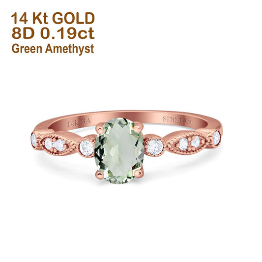 14K Rose Gold 1.4ct Oval Vintage Style 8mmx6mm G SI Natural Green Amethyst Diamond Engagement Wedding Ring Size 6.5