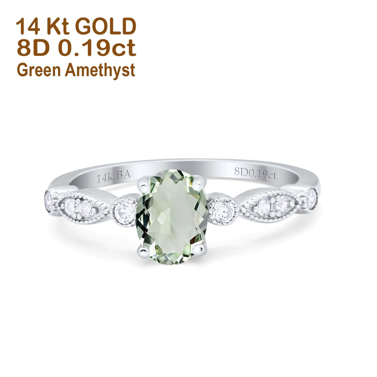 14K White Gold 1.4ct Oval Vintage Style 8mmx6mm G SI Natural Green Amethyst Diamond Engagement Wedding Ring Size 6.5