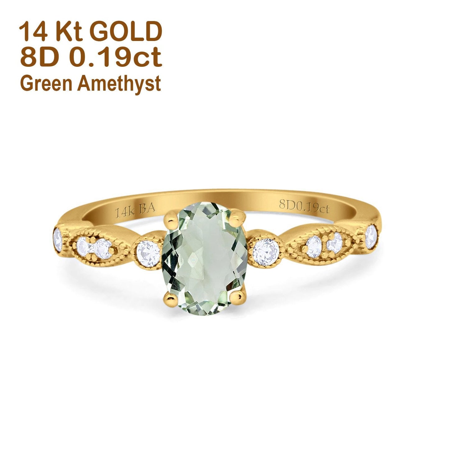 14K Yellow Gold 1.4ct Oval Vintage Style 8mmx6mm G SI Natural Green Amethyst Diamond Engagement Wedding Ring Size 6.5