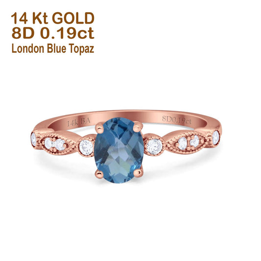 14K Rose Gold 1.4ct Oval Vintage Style 8mmx6mm G SI London Blue Topaz Diamond Engagement Wedding Ring Size 6.5