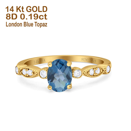 14K Yellow Gold 1.4ct Oval Vintage Style 8mmx6mm G SI London Blue Topaz Diamond Engagement Wedding Ring Size 6.5