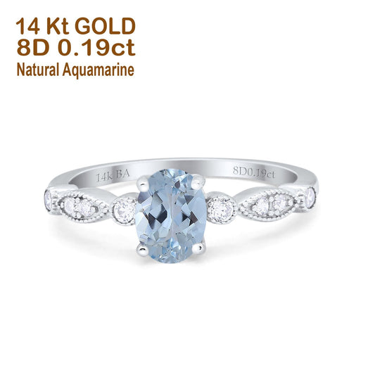 14K White Gold 1.4ct Oval Vintage Style 8mmx6mm G SI Natural Aquamarine Diamond Engagement Wedding Ring Size 6.5