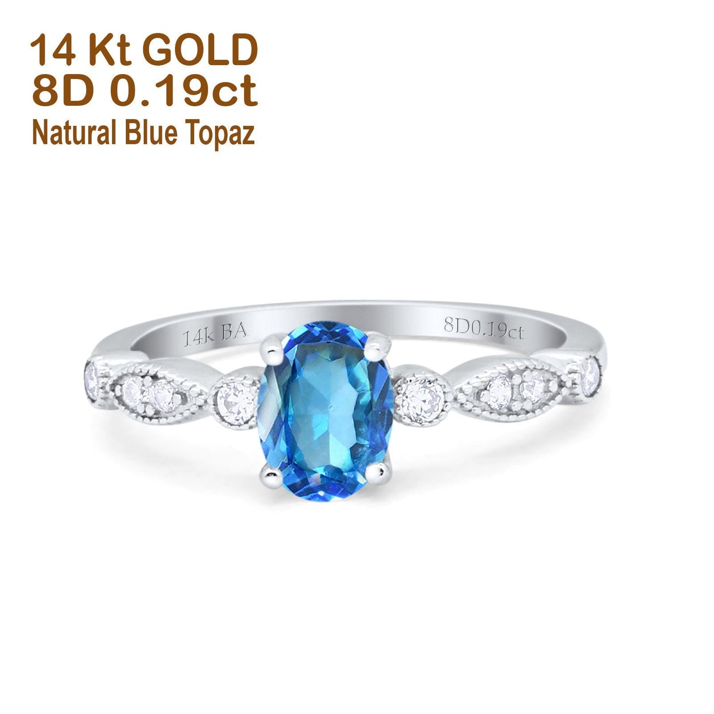 14K White Gold 1.4ct Oval Vintage Style 8mmx6mm G SI Natural Blue Topaz Diamond Engagement Wedding Ring Size 6.5