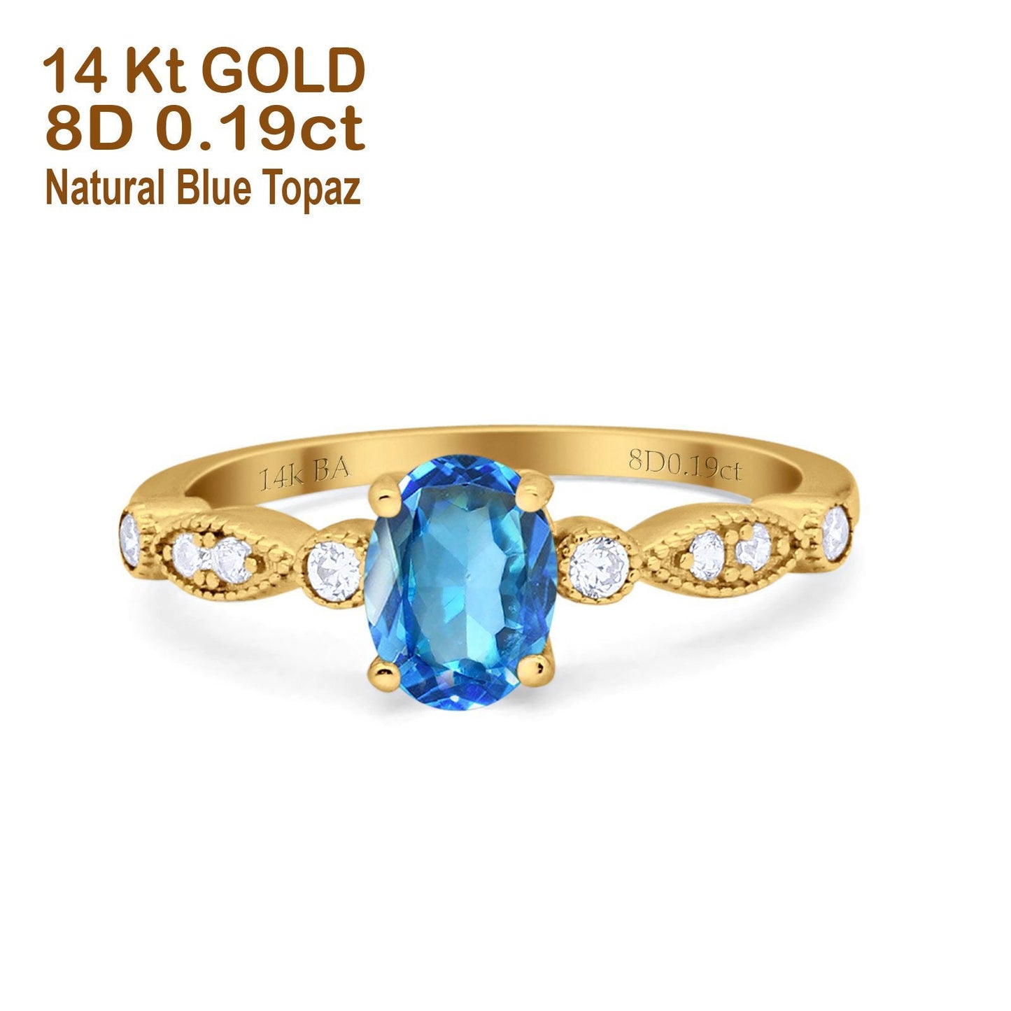 14K Yellow Gold 1.4ct Oval Vintage Style 8mmx6mm G SI Natural Blue Topaz Diamond Engagement Wedding Ring Size 6.5