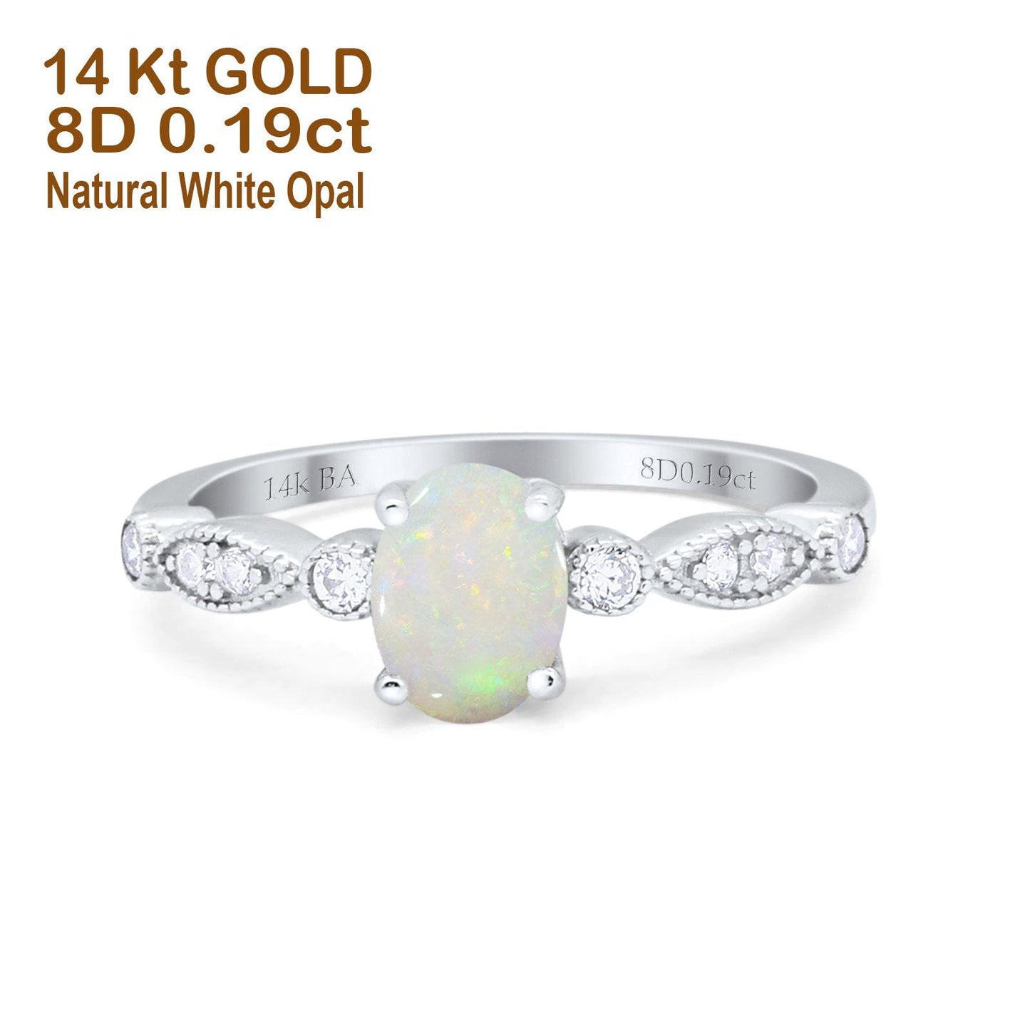 14K White Gold 0.19ct Oval Vintage Style 8mmx6mm G SI Natural White Opal Diamond Engagement Wedding Ring Size 6.5