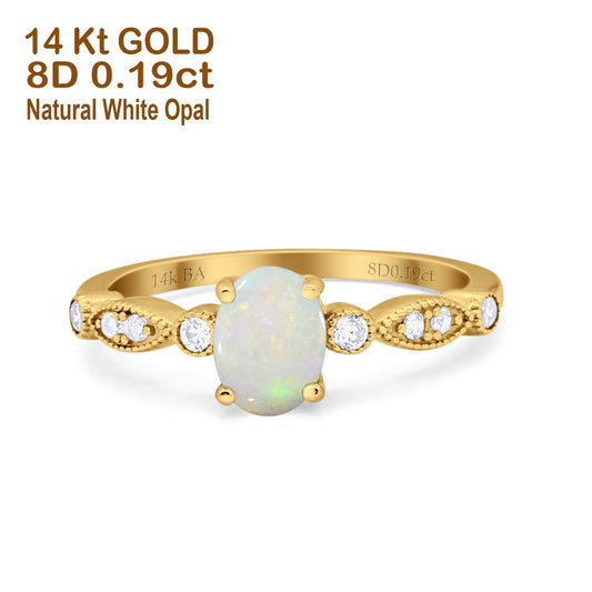 14K Yellow Gold 0.19ct Oval Vintage Style 8mmx6mm G SI Natural White Opal Diamond Engagement Wedding Ring Size 6.5