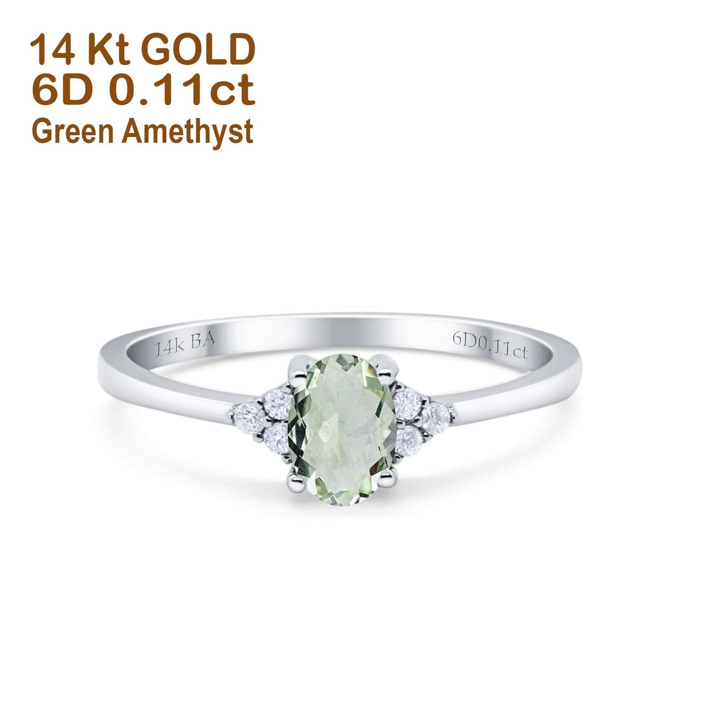 14K White Gold 0.87ct Art Deco Oval 7mmx5mm G SI Natural Green Amethyst Diamond Engagement Wedding Ring Size 6.5