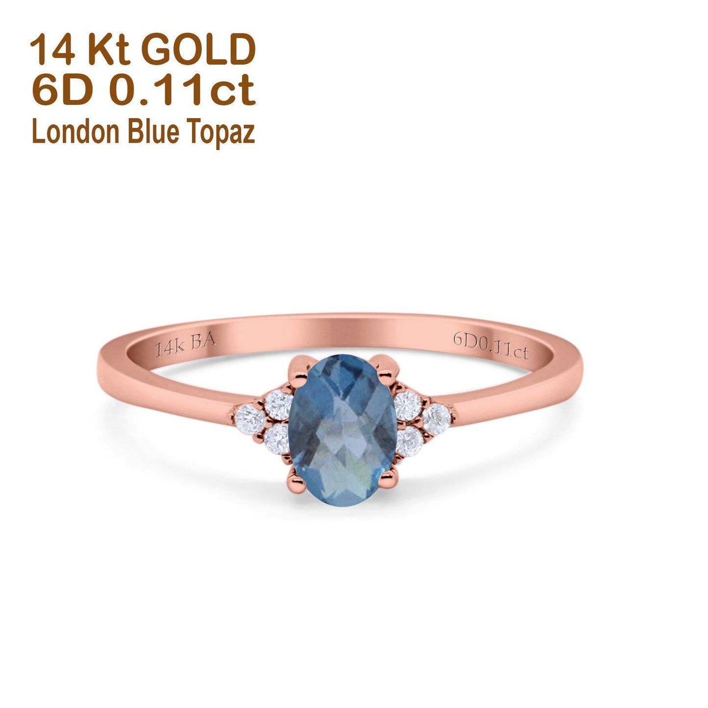 14K Rose Gold 0.87ct Art Deco Oval 7mmx5mm G SI London Blue Topaz Diamond Engagement Wedding Ring Size 6.5